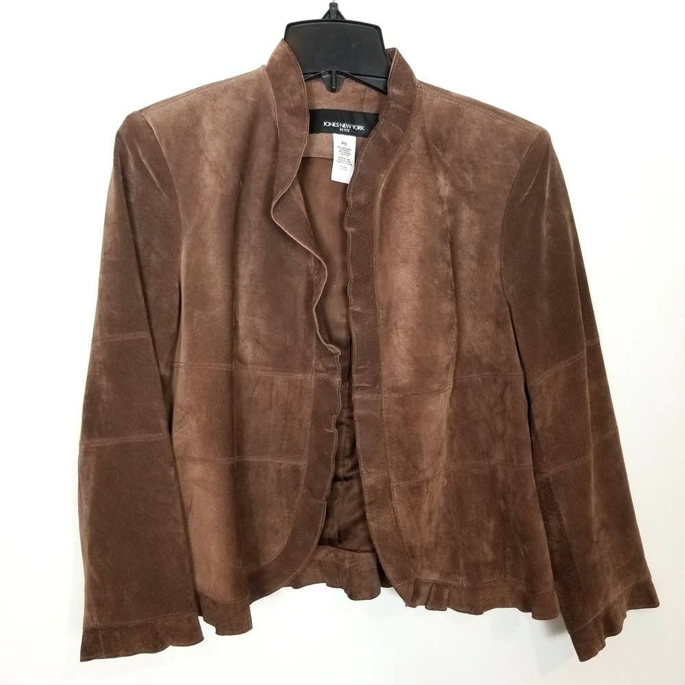 Jones New York Women 1 Suede Leather Jacket Sz S Petite Brown Ruffle Trim Open